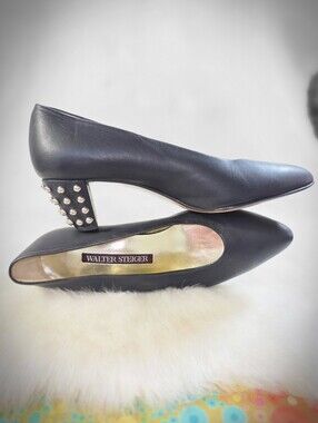 Walter Steiger Vintage Black Leather Studded Block Heel Pumps